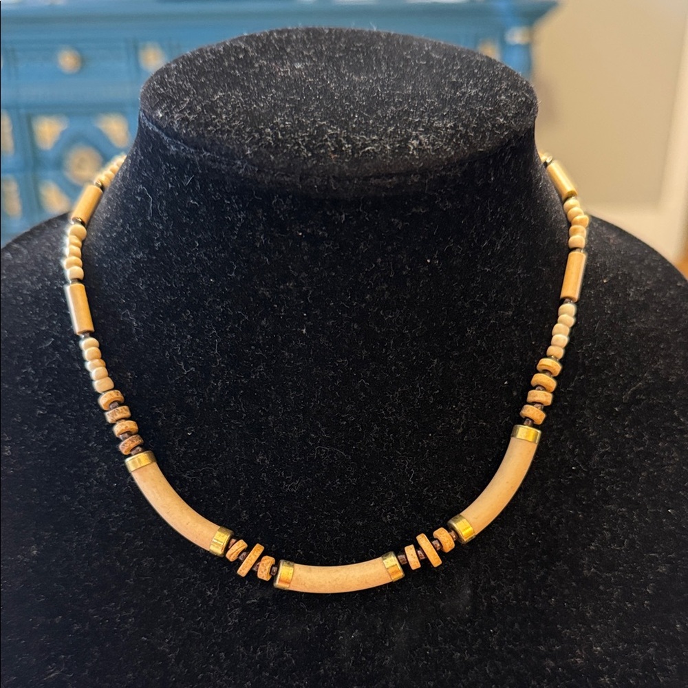 Vintage Brown Tan Beaded Tribal Choker Collar Statement Necklace